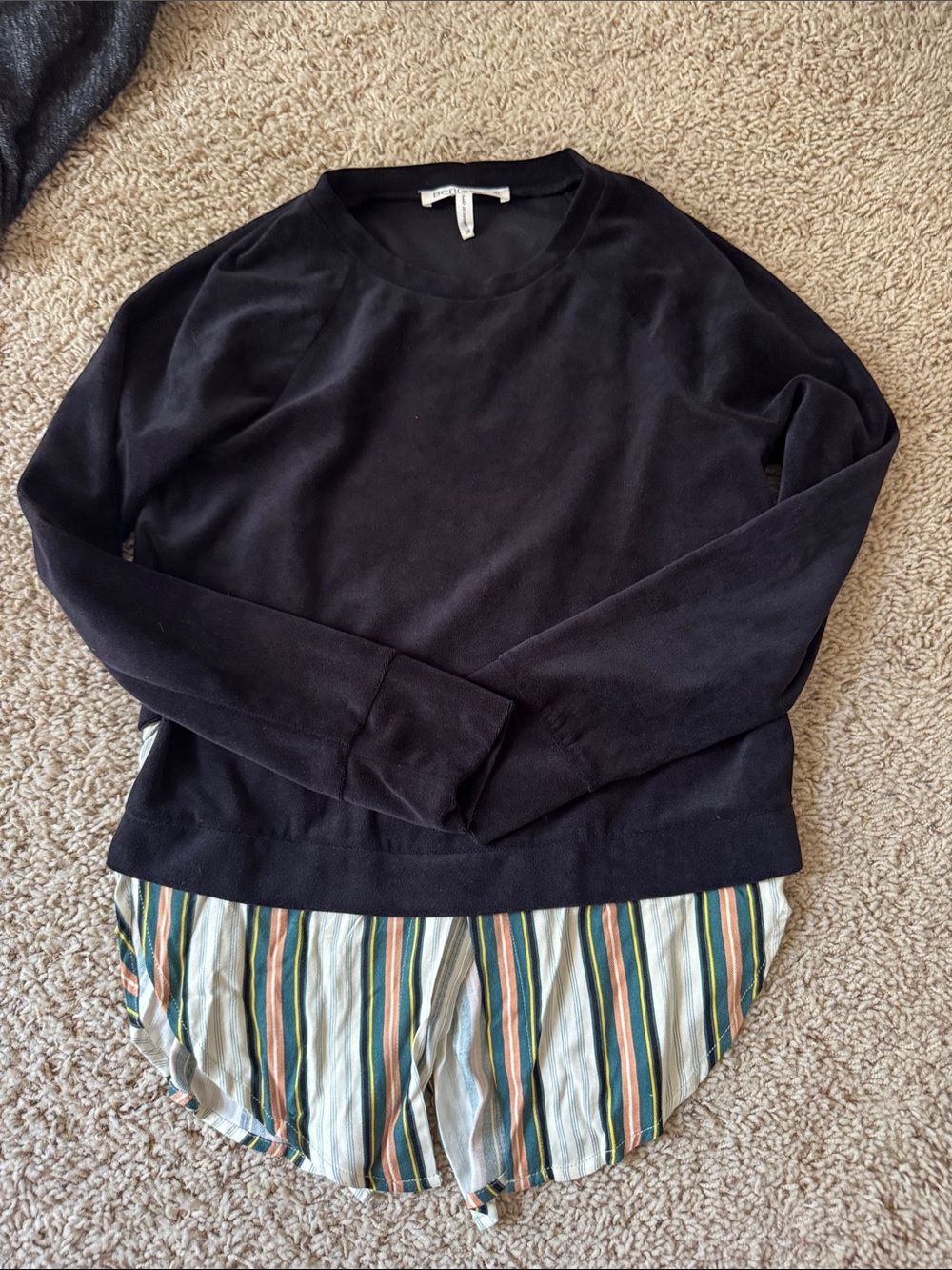 BCBGeneration Black Crewneck Sweater with Striped Hem Detail